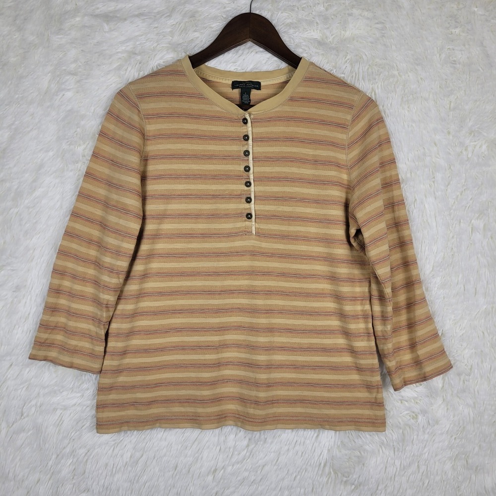 Lauren Ralph Lauren Womens Large Striped Henley 3/4 Sleeve Top Boxy Preppy Retro